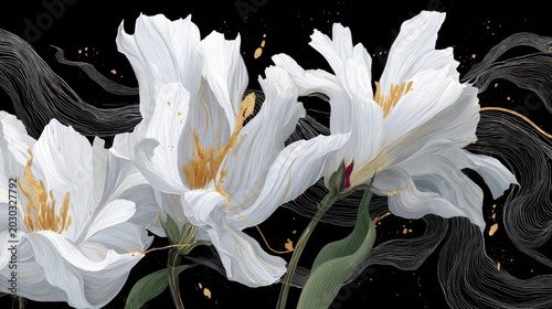 Three luminous white blooms featuring delicate gold accents set against a deep, dark background