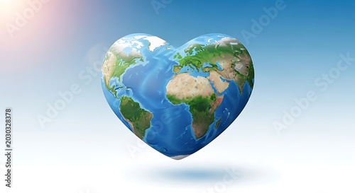 A beautifully rendered heart shaped world globe floats gracefully against a soft blue sky