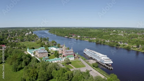 Drone footage of Nikolsky monastery on Volkhov river on sunny summer day. Staraya Ladoga, Russia.