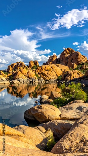 A serene lake surrounded by large orange rock formations under a blue sky (1)