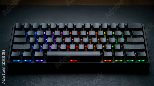 Modern mechanical keyboard with colorful rgb backlight glowing in dark room environment area.