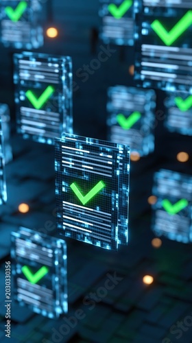 Floating digital glowing documents being approved with green checkmarks, dark blue tech environment, document management system concept