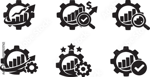 Fotografi Business icons, gear and graph symbols, black vector set, 6 elements, finance an