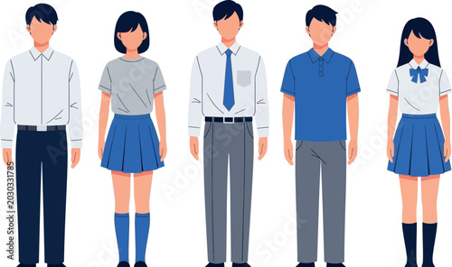 Flat vector characters of students in school uniforms, diverse group of young people in formal academic attire, high school and college students set