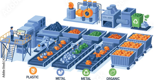 Isometric waste recycling plant vector, automated garbage sorting facility with conveyor belts, industrial plastic and metal waste management system