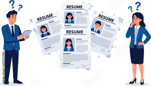 Job recruitment concept with HR managers reviewing candidate resumes, professional hiring process vector, confused employers selecting staff curriculum vitae
