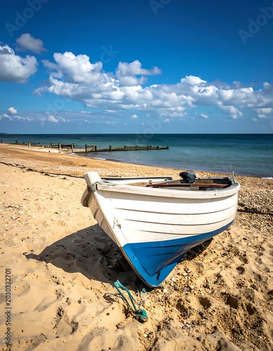 A small white and blue boat on a sandy beach