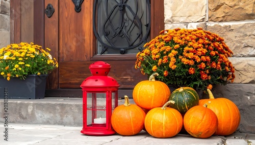 A welcoming porch with pumpkins and flowers (1)