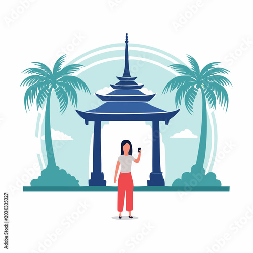 Woman taking selfie in front of Asian pagoda with palm trees