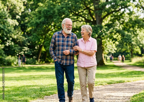 A happy senior couple is laughing and walking arm in arm along a park path surrounded by green trees and bright sunshine
