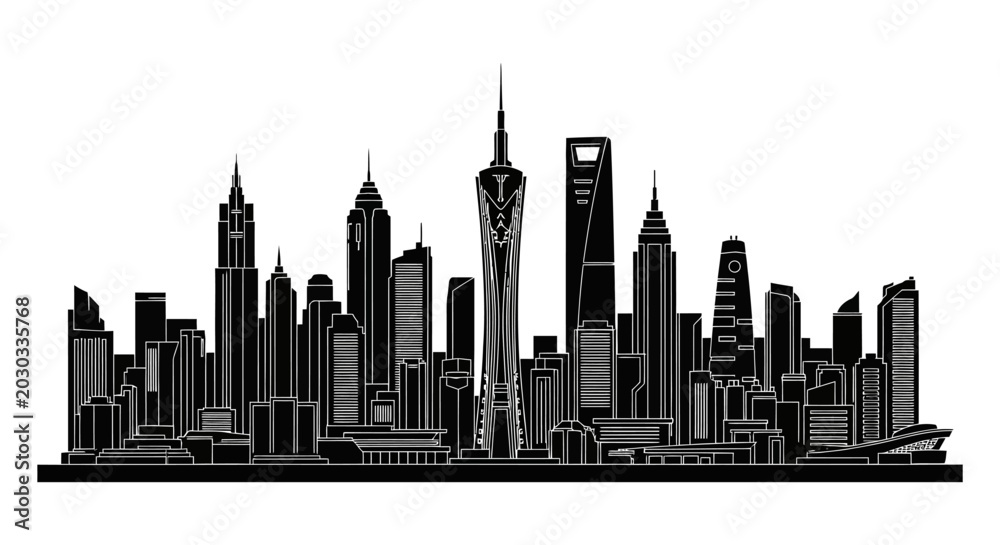 Fototapeta premium Guangzhou City Skyline Silhouette, Modern Urban Architecture Vector