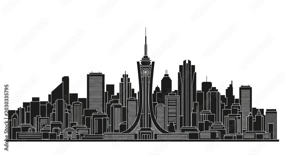 Fototapeta premium Modern City Skyline Silhouette Illustration with Iconic Tower