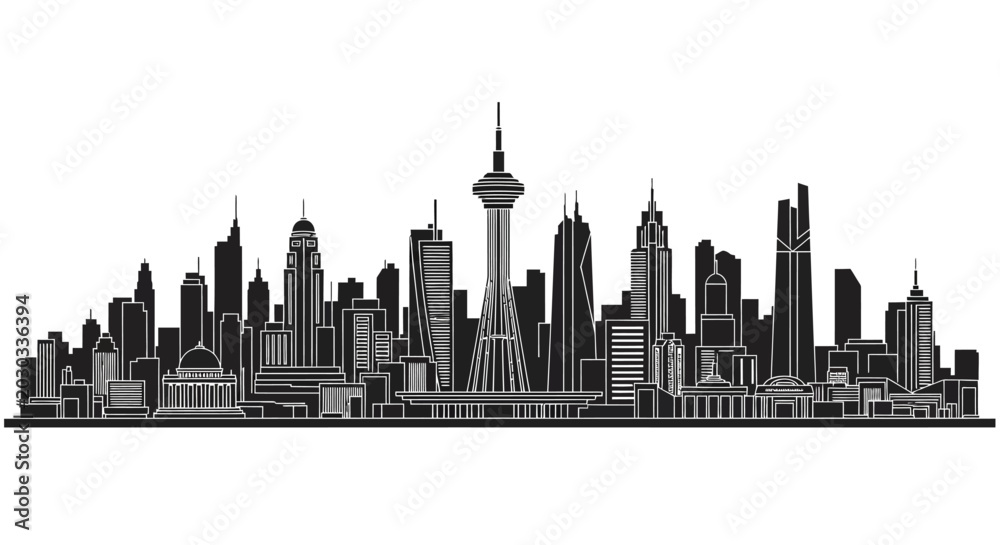Fototapeta premium Modern city skyline silhouette with iconic skyscrapers, urban vector