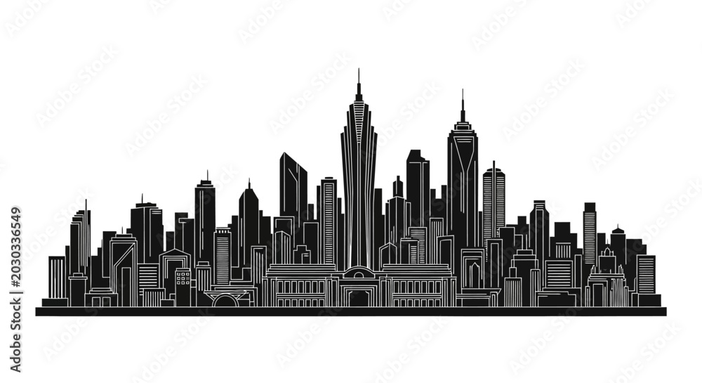 Obraz premium Modern City Skyline Silhouette Illustration, Minimalist Urban Landscape