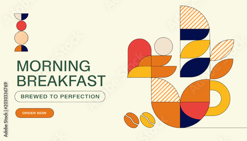 Принти на полотні Morning Breakfast Brewed to Perfection with a Vibrant Geometric Design and Coffee Beans