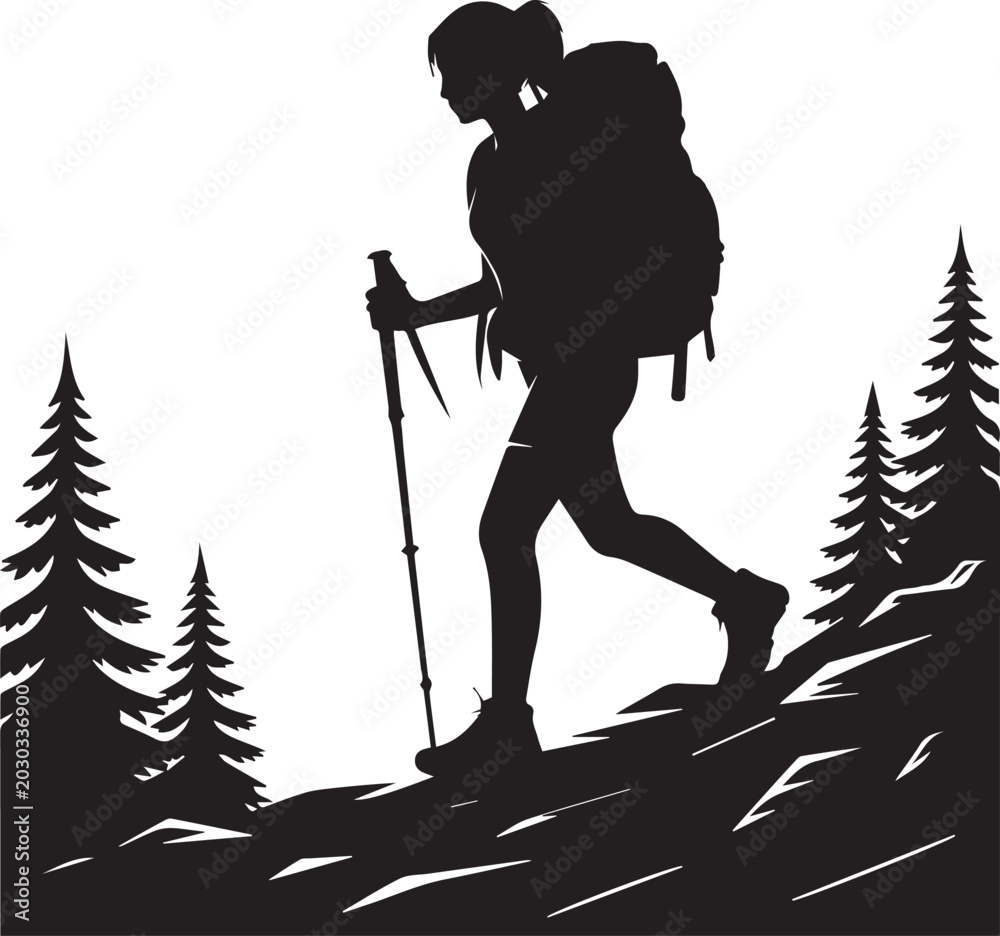 Fototapeta premium Woman hiker with backpack and walking poles walking uphill, surrounded by tall pine trees on a mountain trail.