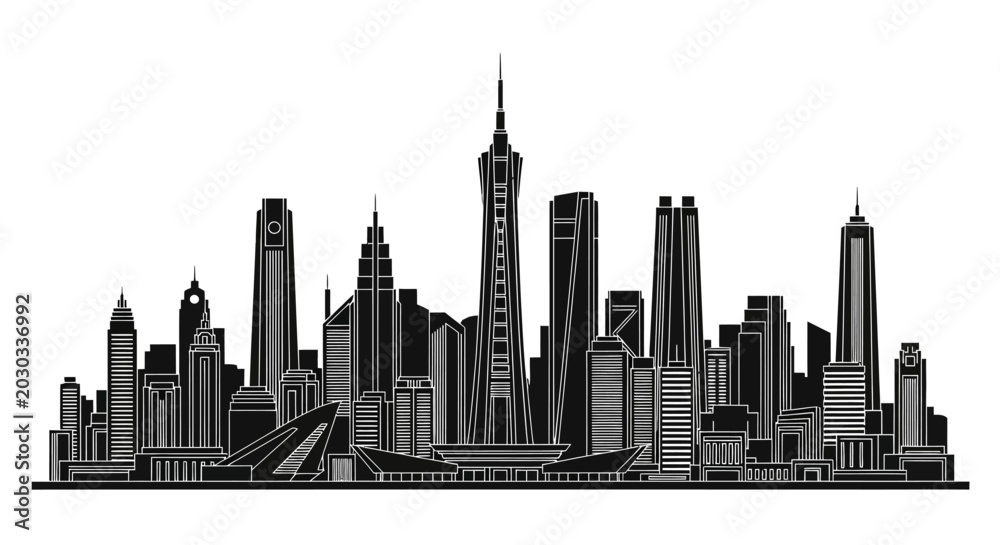 Fototapeta premium Guangzhou skyline silhouette illustration, modern urban cityscape design
