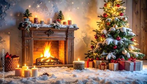 Cozy winter scene with fireplace, tree, and gifts