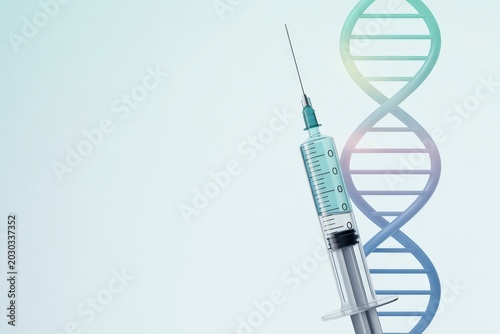 Modern medical syringe displayed against an abstract DNA helix representing genetic research and advanced scientific solutions
