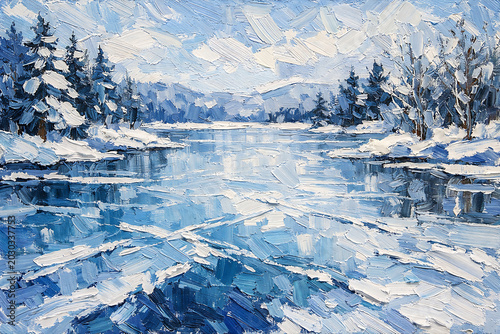 Impasto oil painting of a frozen winter lake with snowy pine trees and mountains