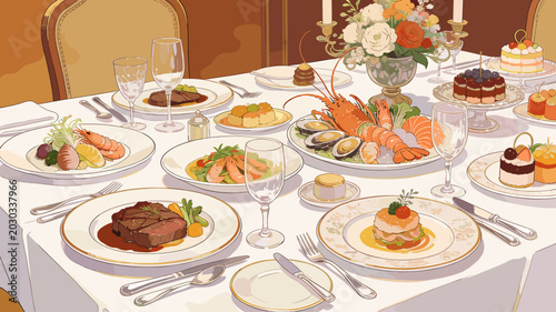 Photos An elegant formal dining table set with a lavish spread of gourmet dishes, including steak, seafood, and desserts, adorned with a floral centerpiece