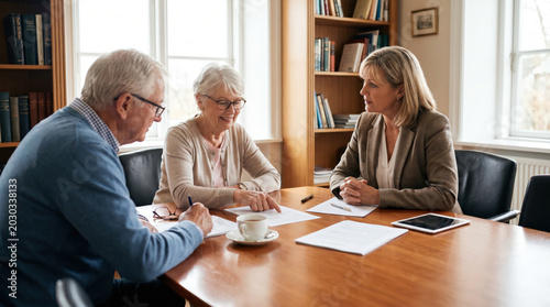 Senior couple meets financial advisor in office with forms on table for retirement planning estate paperwork investment guidance trust support legal consultation future security wealth management