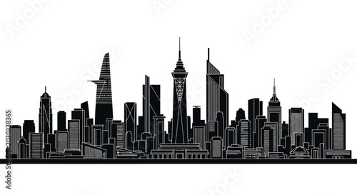 Modern City Skyline Silhouette Illustration, Urban Architectural Concept