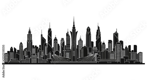 Modern City Skyline Silhouette Illustration on White Background