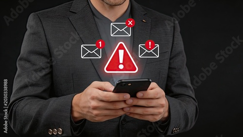 Man in suit using mobile phone with error message icons and alert symbol, failed communication or system crash concept, technical support issue resolution, digital connectivity