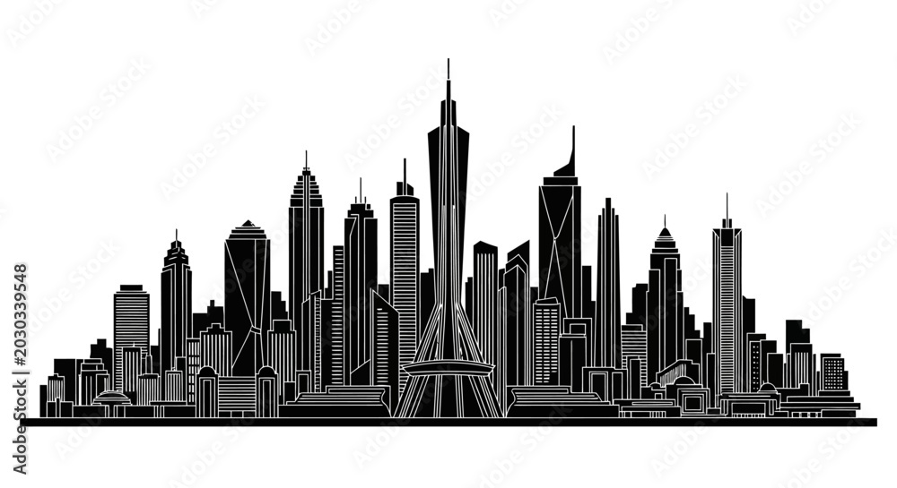 Obraz premium Modern City Skyline Silhouette with Iconic Skyscraper Central View