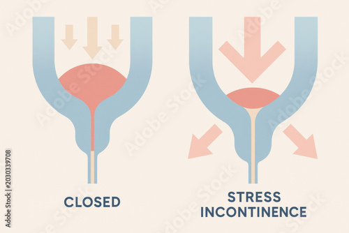 Informative medical illustration diagram detailing serious urethral sphincter mechanism in closed and distressing stress incontinence states for education
