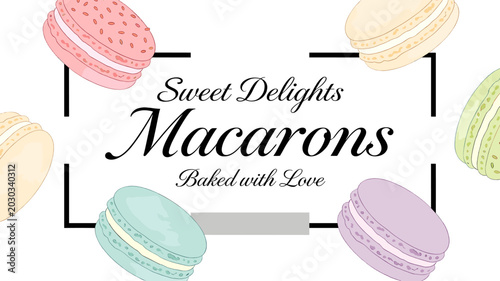 Tableau sur toile A delightful assortment of colorful macarons, presented with elegant typography proclaiming 'Sweet Delights Macarons Baked with Love'