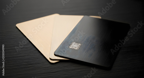 Luxury metal credit cards, golden and black color, with chip, representing finance and wealth.