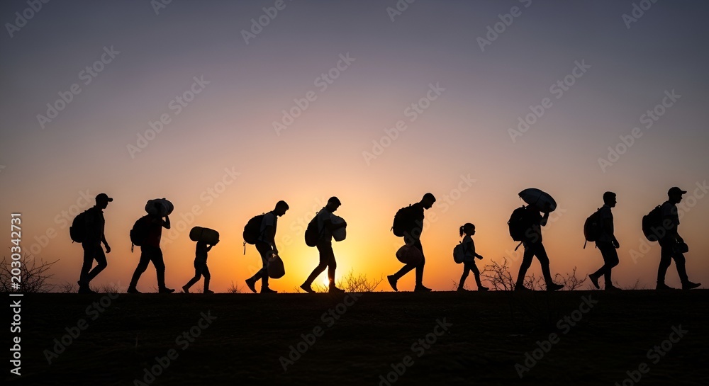 Fototapeta premium Silhouette of migrants walking at sunset, carrying belongings, representing journey and hope.