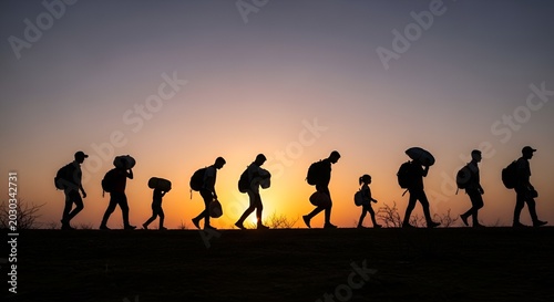 Silhouette of migrants walking at sunset, carrying belongings, representing journey and hope.