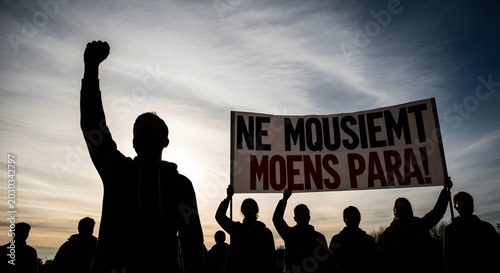 Protestors Silhouette with Banner and Raised Fist at Sunset