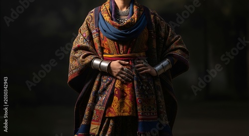 Woman in Traditional Ethnic Clothing with Ornate Patterns and Silver Jewelry