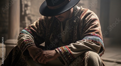 Man in traditional Andean poncho and hat, contemplative pose, cultural heritage, South America