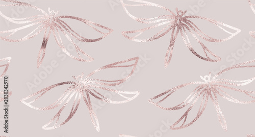 Hand drawn decorative seamless pattern with rose gold dragonfly ornament.