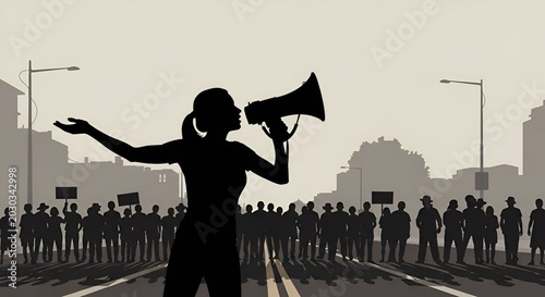 Woman with Megaphone Leading Protest Crowd on City Street