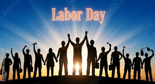 Labor Day Celebration: Silhouettes of Workers with Raised Arms Against Sunrise Sky