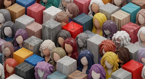 Diverse Group of Faceless Figures with Varied Hair Colors and Textures Amidst Cubes