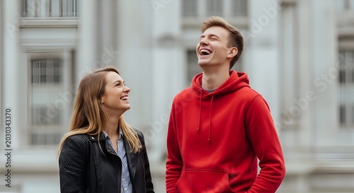 Happy Couple Laughing Outdoors in City with Modern Building Background
