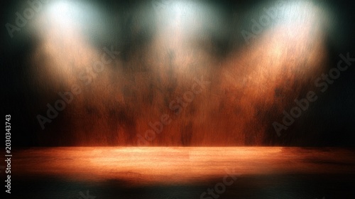 Intense illumination beams strike a textured, warm-toned performance space background