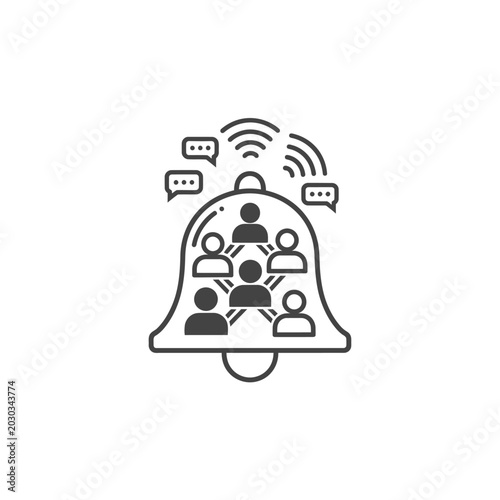 Community alert bell icon with connected people and speech bubbles