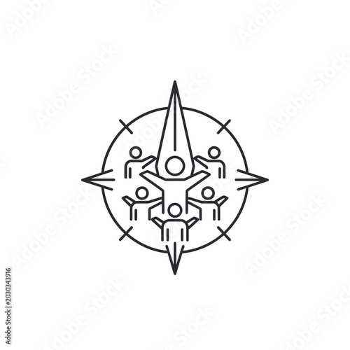 Compass and people line icon representing teamwork and direction