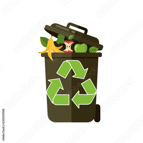Compost bin filled with organic food waste and recycling symbol
