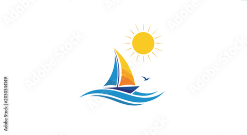 Minimalist logo design of a sailboat with blue and orange sails gliding on waves under a bright yellow sun in the sky.
