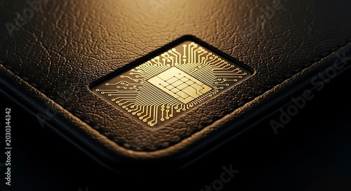Microchip processor embedded in a black leather surface representing advanced technology and digital security in a modern conceptual high resolutio...