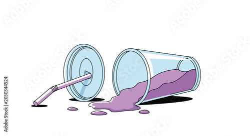 Accidental mess of a spilled purple drink from a clear plastic cup with a lid and a straw laying on a surface with cast shadows.